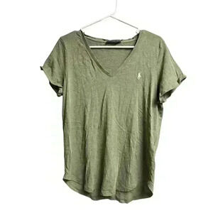Polo Ralph Lauren Army Green V-Neck Rolled Cuff Sleeves Tee Large